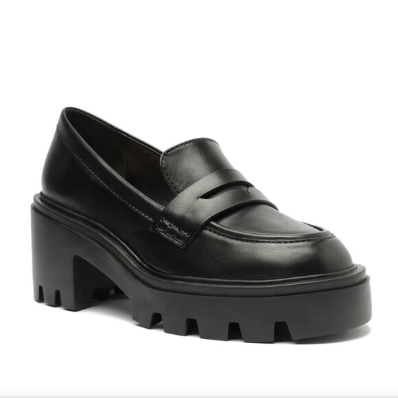 NWOB Schutz Black Leather Viola Tractor Slip-On Platform Penny Loafer Chunky Lug - Picture 1 of 14